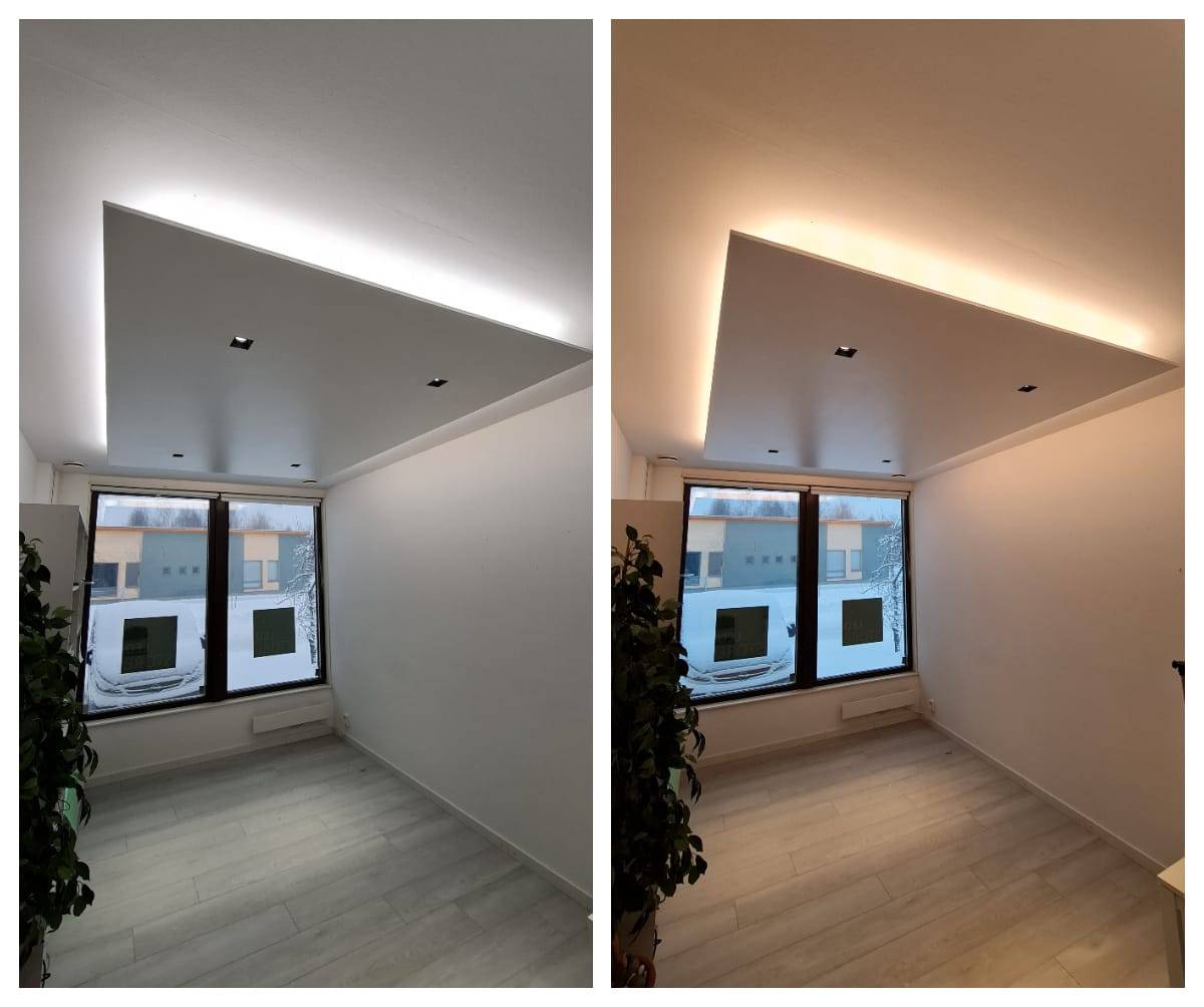 L'illuminazione del soffitto in gesso è pronta, le luci CCT cambiano l'atmosfera della stanza