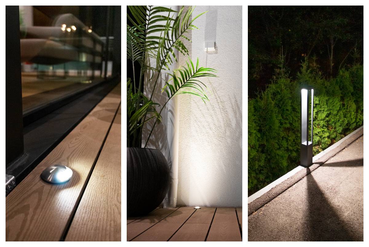 Il bordo della terrazza è illuminato da un faretto da incasso per patio. Nella seconda immagine, il bordo del camminamento è illuminato da un apparecchio a colonna nero che fornisce luce in tre direzioni.