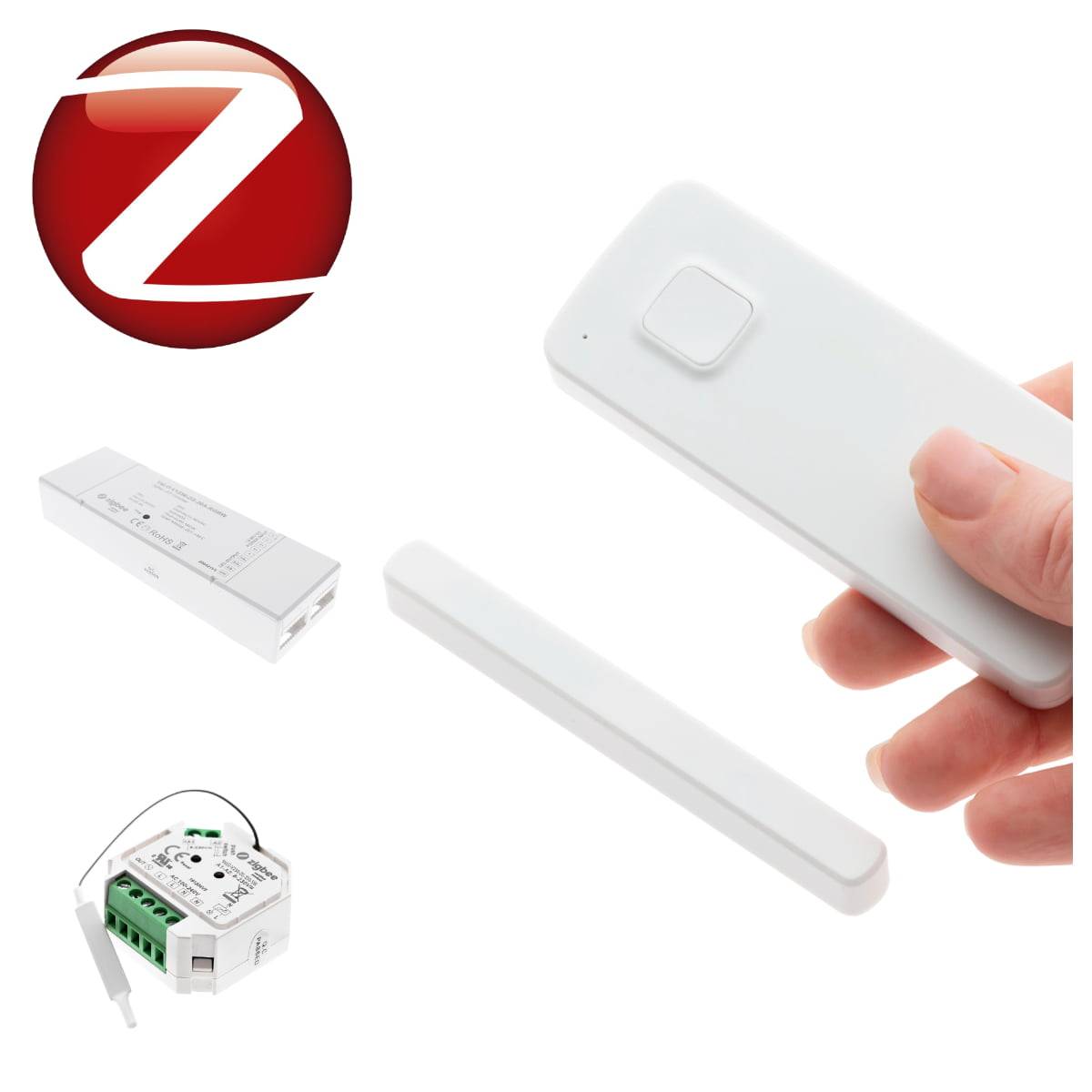 I prodotti di illuminazione intelligente Zigbee includono anche un sensore per porte (a destra) che accende e spegne le luci quando la porta viene aperta.