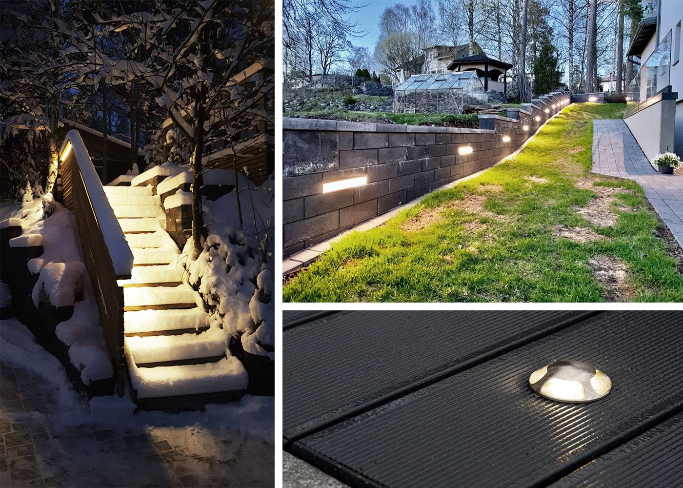 Un'immagine composita di illuminazione LED per esterni: scale innevate, camminamenti in giardino e luci per terrazze mostrano soluzioni di illuminazione ad alta efficienza energetica.