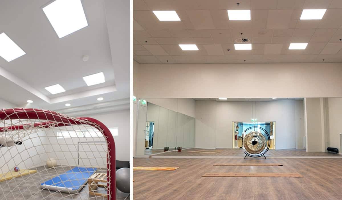 Diversi pannelli LED di grandi dimensioni sul soffitto della sala della casa e della sala yoga.