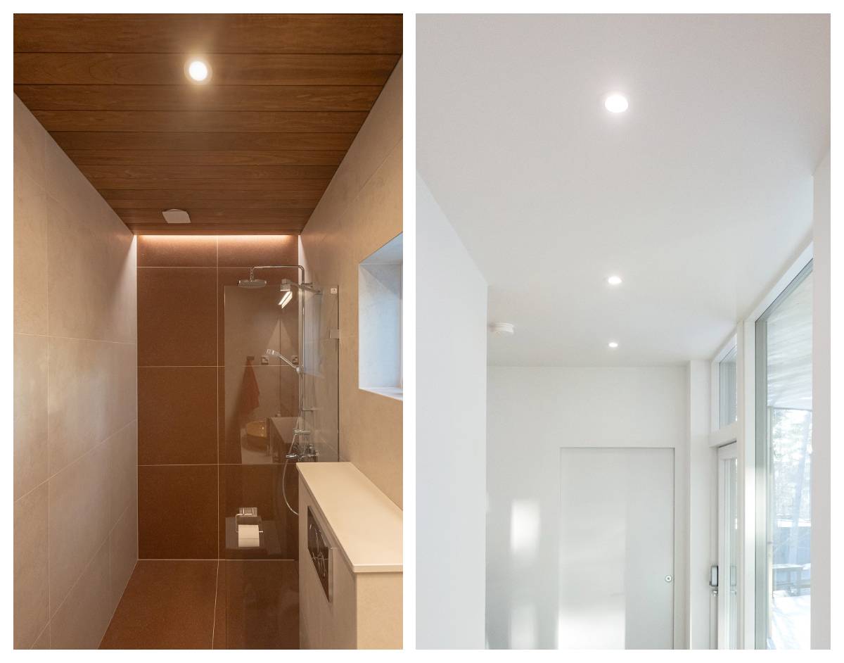 Faretti a led nel bagno e nel corridoio. I faretti sono installati nella linea centrale dello spazio. 