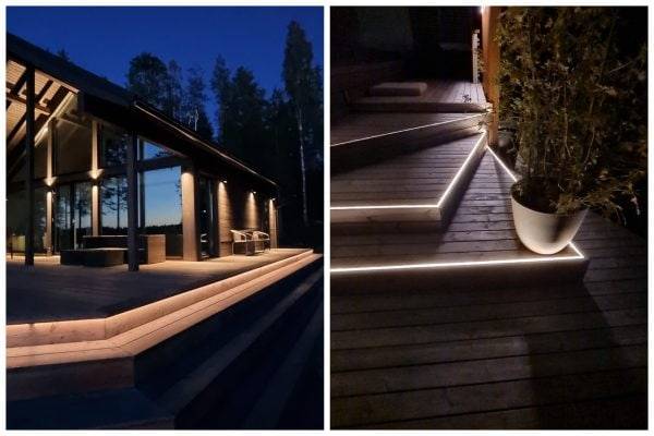 Due immagini. A sinistra: un cottage moderno al crepuscolo, illuminato da luci indirette a parete. In primo piano, una scala con luce proveniente da sotto il battiscopa che illumina il gradino. A sinistra: il bordo anteriore dei gradini delle scale, tra le assi, è illuminato da una striscia LED che si illumina verso l'alto.