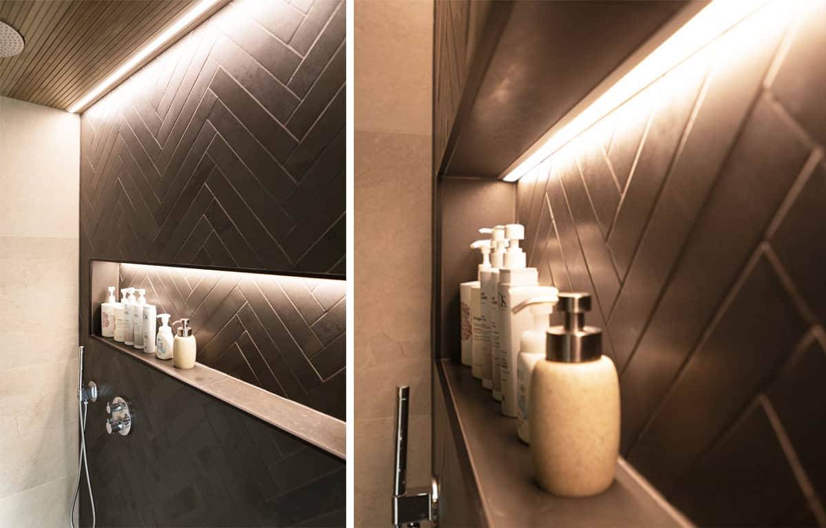 Illuminazione scaffale shampoo con striscia led.