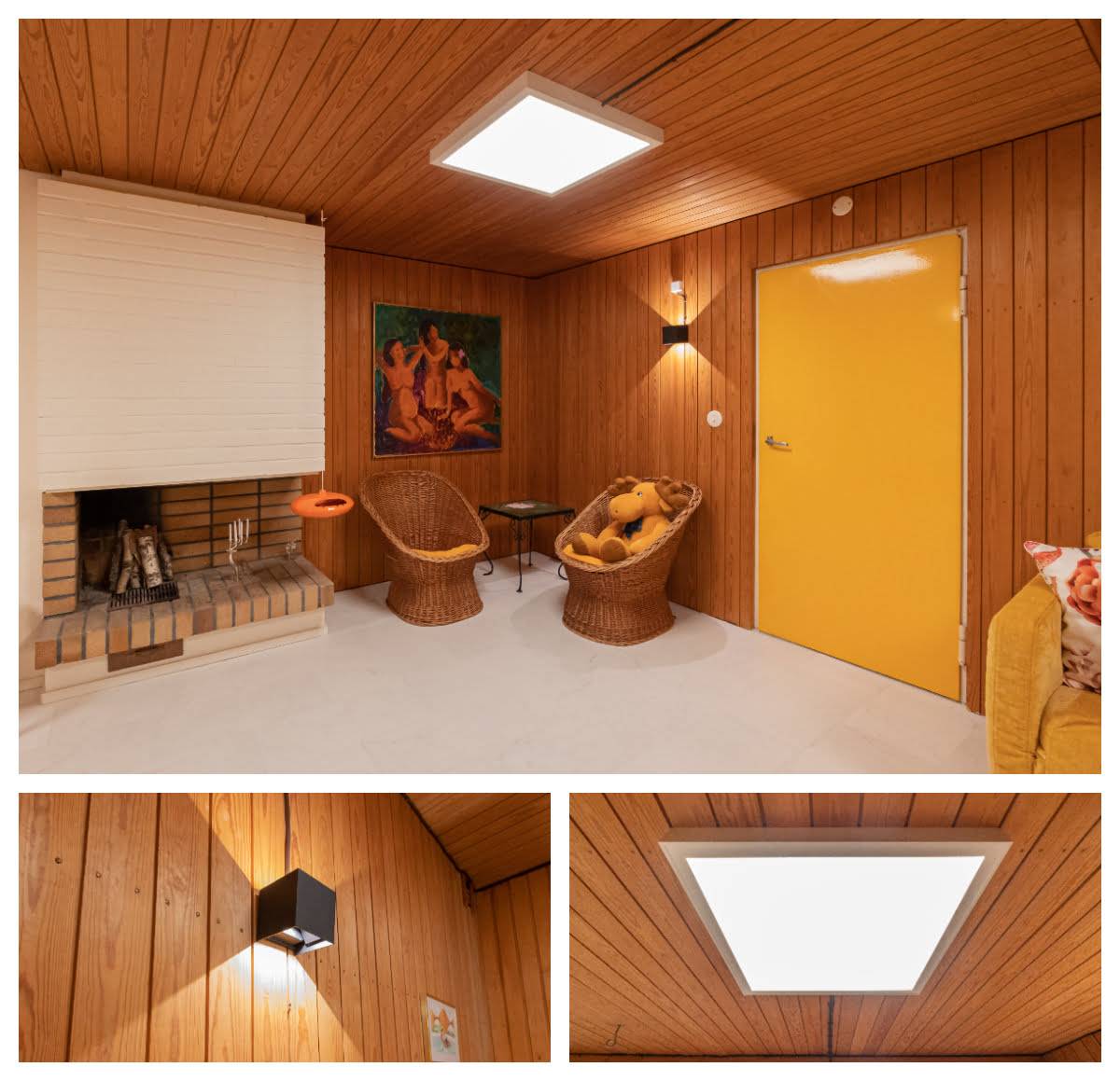 Lampada da parete Funk nera e pannello a led 600 a temperatura di colore regolabile. Entrambe le lampade sono dimmerabili. Dopo la ristrutturazione, il camino ha una buona illuminazione. LedStore.fi