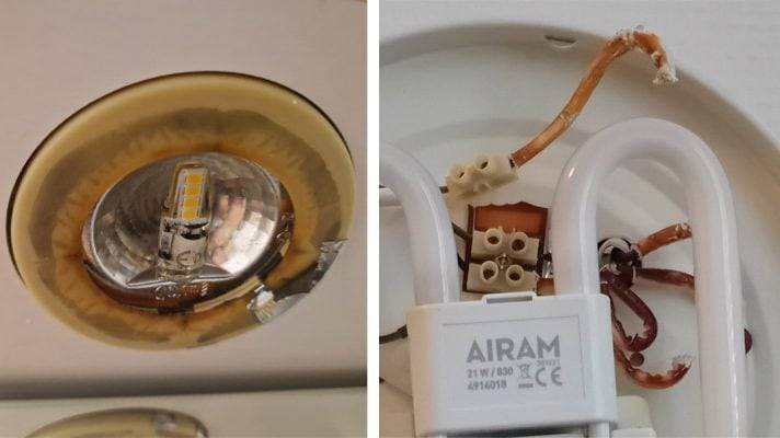 A sinistra, il corpo di una lampada alogena ingiallita e deteriorata, a destra, le parti in plastica ossidate all'interno della lampada.