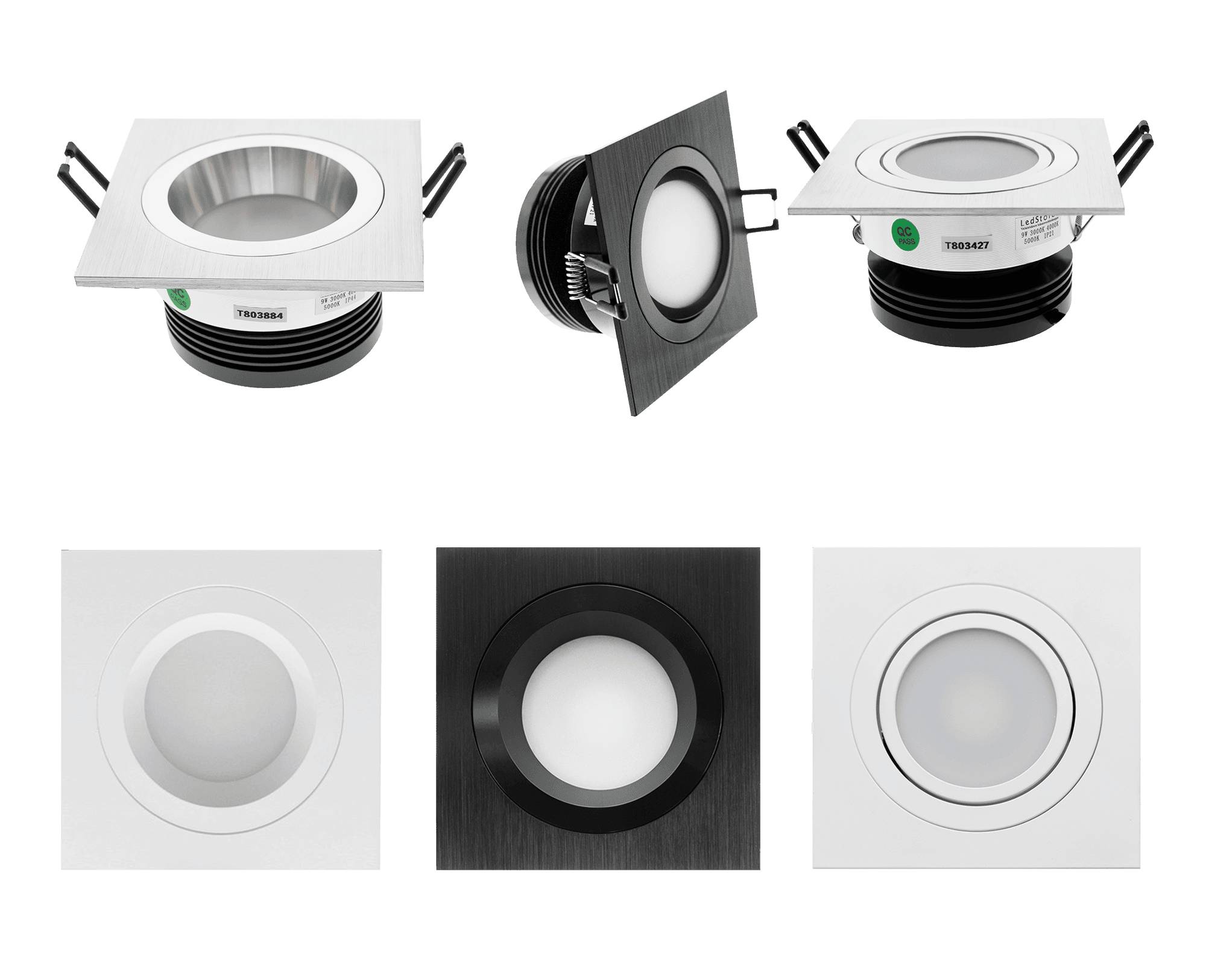Un'esposizione con sei faretti LED: tre quadrati con decorazioni diverse e tre rotondi con profondità e cornici diverse, che mettono in mostra diversi design LED.