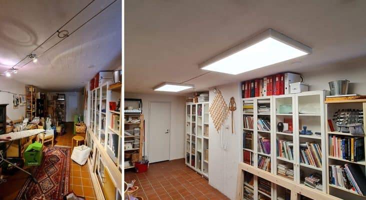Due immagini: a sinistra faretti a soffitto su filo, a destra due grandi pannelli LED montati sul soffitto.