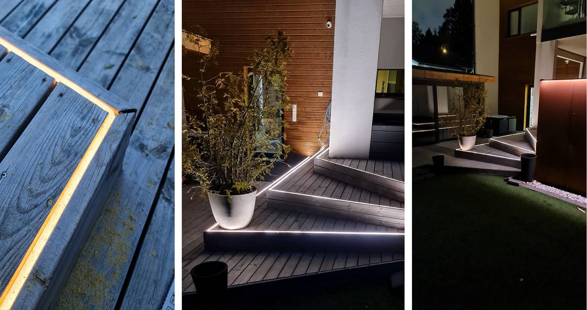 Immagine in tre parti di un patio moderno di notte.<br/>Nella prima immagine: un'illuminazione LED morbida di LedStore.fi corre lungo i bordi della terrazza in legno.<br/>Nella seconda immagine: illuminazione integrata delle scale, circondata da piante.<br/>Nella terza immagine: un'ampia vista della terrazza illuminata, che mette in mostra l'architettura moderna.