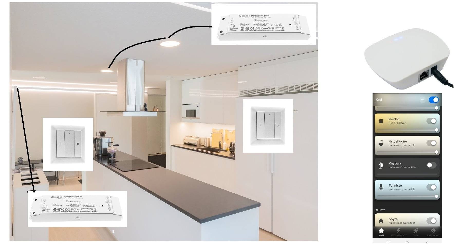 Una cucina moderna con isola, controlli dell'illuminazione a LED all'avanguardia e un'interfaccia smart home connessa, mostrata sulla destra. Una serie di elettrodomestici e interruttori intelligenti sono messi in evidenza, mostrando la loro integrazione con i controlli dell'app mobile. Su LedStore.fi troverai tutti i componenti necessari per questa moderna soluzione di illuminazione.
